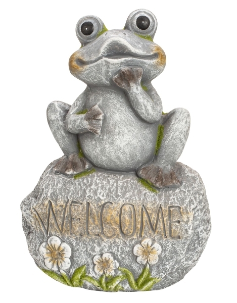 Frosch sitzend auf "Welcome"-Stein Höhe 44,5 cm Teichfrosch Froschfigur