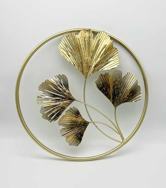 Moderne Metall-Wanddekoration Blätter im Kreis 40 cm Wandbild Metallbild gold