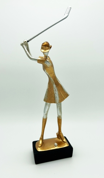 Moderne Golf Figur 35 cm Dame mit Schläger Klassik Gold Golfspieler