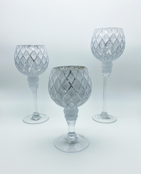 Exklusives 3er SET Windlichter aus Glas weiß/silber 20/25/30 cm Kerzenhalter Dekoglas