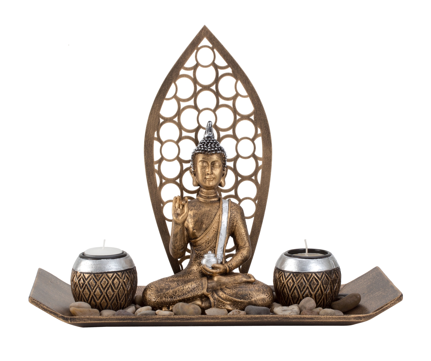 Holz Teelichthalter mit Dekosteinen 9,5x15cm Statue Buddha Meditation Feng Shui 