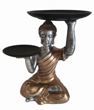 Elegante Buddha Skulptur 34 cm gold sitzend mit Tablett Dekoration Figur