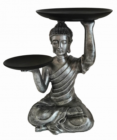 Elegante Buddha Skulptur 34 cm silber sitzend mit Tablett Dekoration Figur