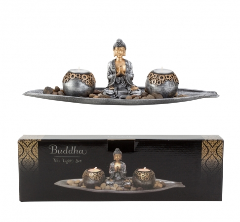 Elegantes Buddha Teelichtset 40 cm lang silber