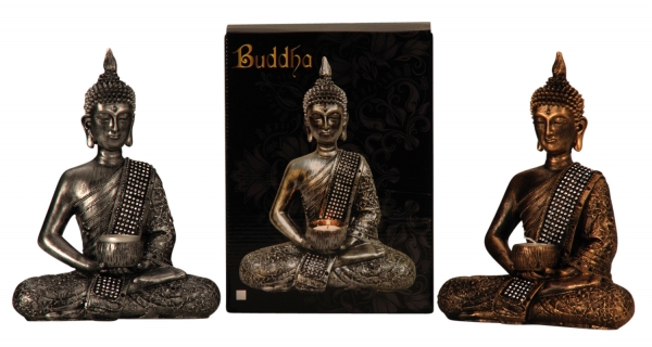 Stylischer Buddha mit Teelichthalter Höhe 26 cm in bronze oder silber