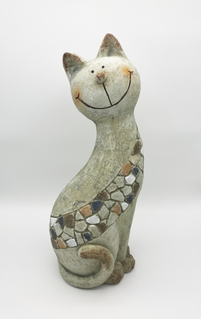 Moderne Katzenfigur 44 cm Creme/Mosaik Katze Deko Garten Vorgarten Skulptur