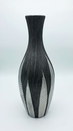 Hochwertige Vase 40 cm Blattmuster silber Dekoration Blumenvase Keramik Dekovase