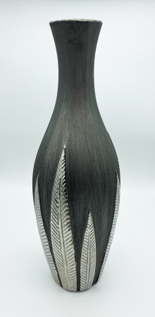 Hochwertige Vase 50 cm Blattmuster silber Dekoration Blumenvase Keramik Dekovase