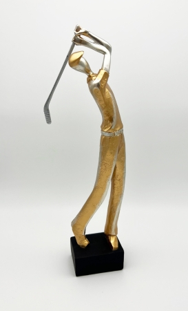 Moderne Golf Figur 35 cm Herr mit Schläger Klassik Gold Golfspieler