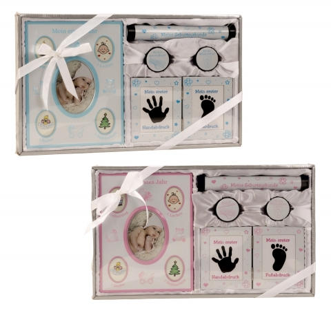 Babyset mit Bilderrahmen Handabdruck Fußabdruck Geschenkset rosa oder blau