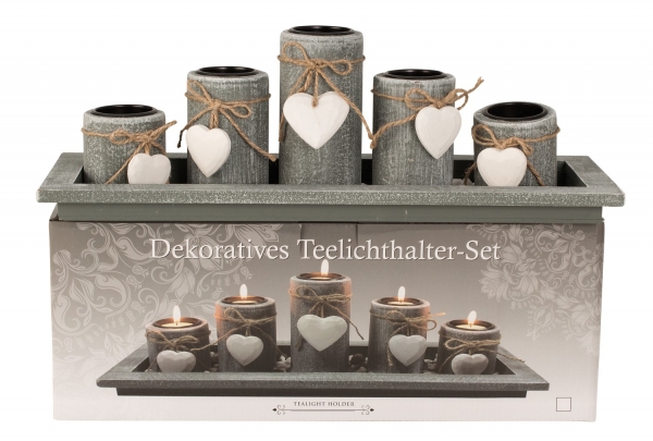 Exklusives Teelichthalter SET Länge 38 cm Höhe 13 cm mit Herzen und Dekoplatte